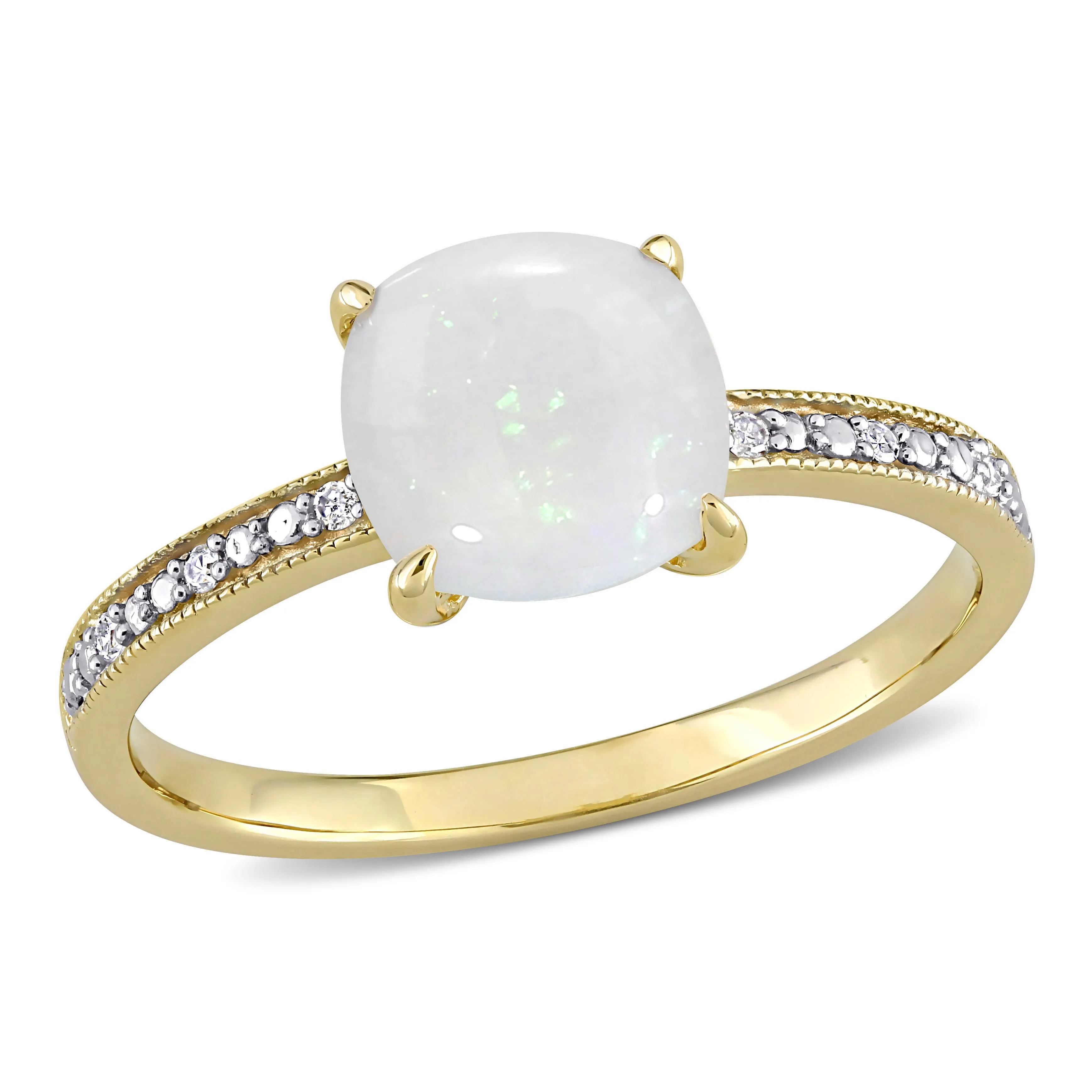 1 1/3 CT TGW Opal and Diamond Accent Milgrain Solitaire Engagement Ring in 10K Yellow Gold