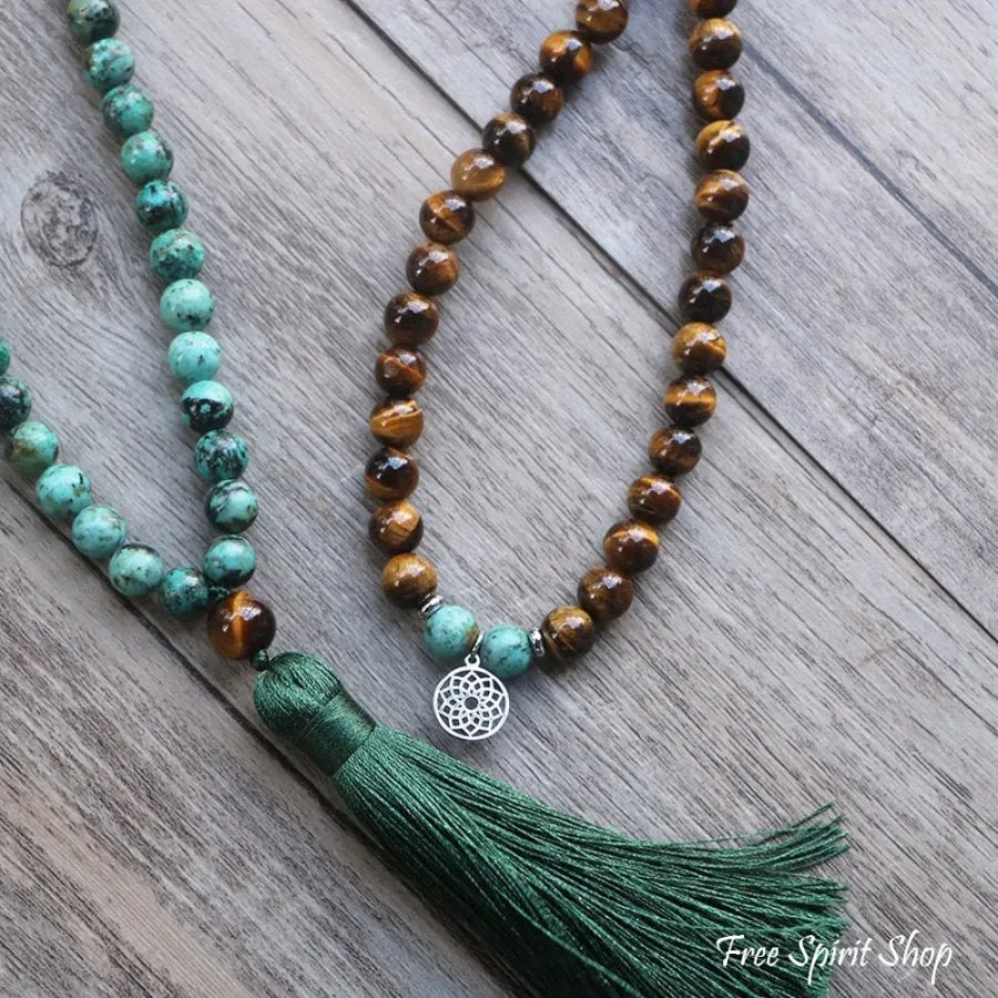 108 African Turquoise Bronzite & Tiger Eye Mala Bead Necklace