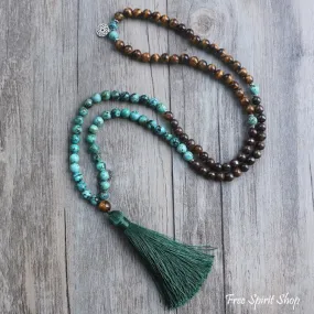 108 African Turquoise Bronzite & Tiger Eye Mala Bead Necklace