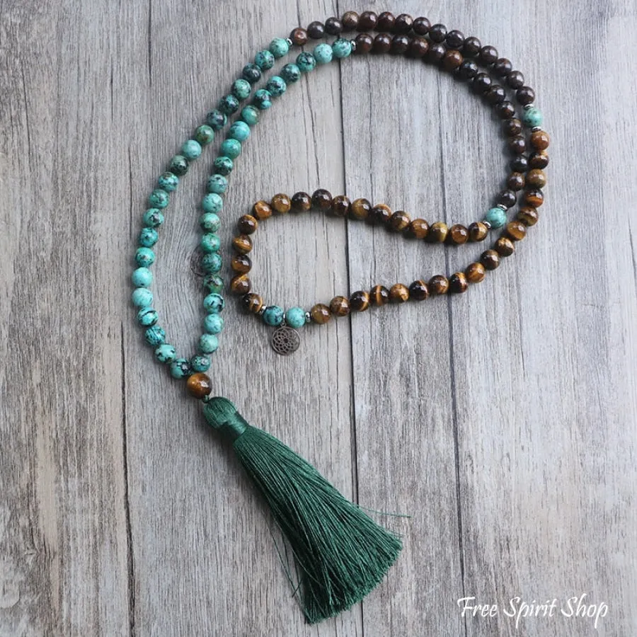 108 African Turquoise Bronzite & Tiger Eye Mala Bead Necklace