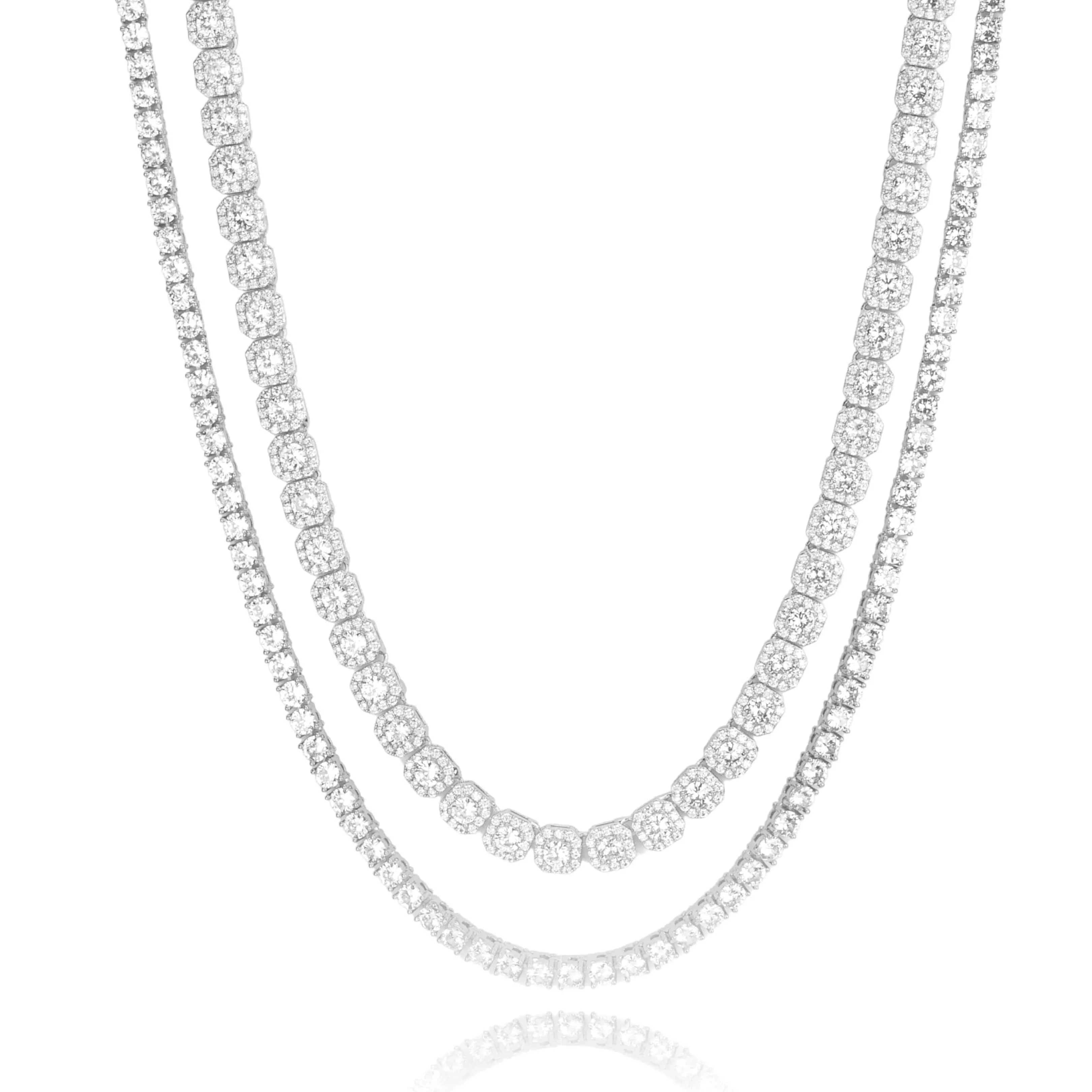 10mm Clustered Tennis + 5mm Tennis Chain Bundle - White Gold