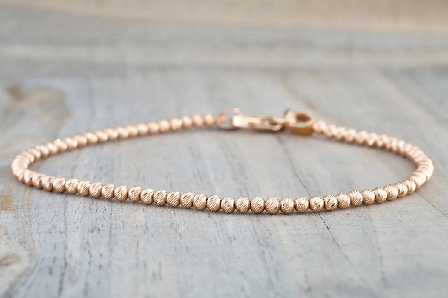 14k Rose Gold Bead Ball Diamond Cut Bracelet Dainty Love Gift Fashion