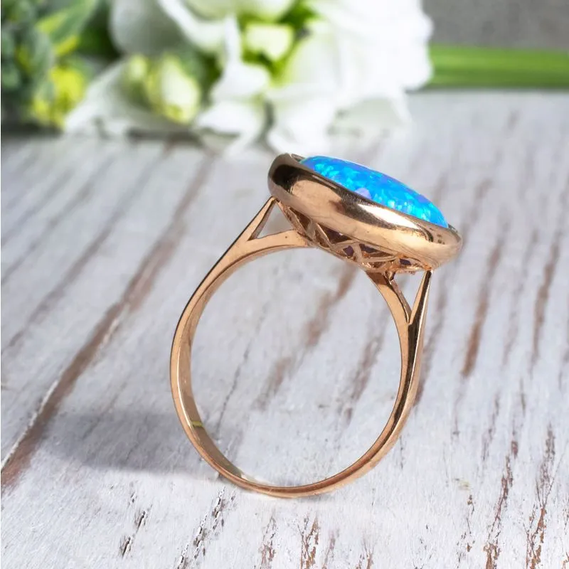 14K Rose Gold Circle Blue Opal 14mm Ring