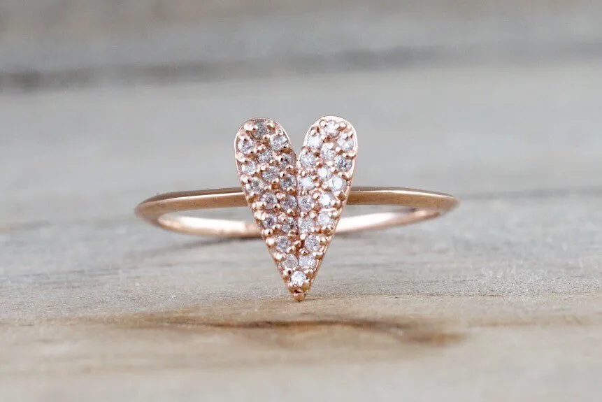 14k Rose Gold Diamond Micro Pave Heart Anniversary Promise Love Ring Band Fashion