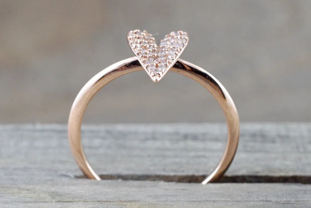 14k Rose Gold Diamond Micro Pave Heart Anniversary Promise Love Ring Band Fashion