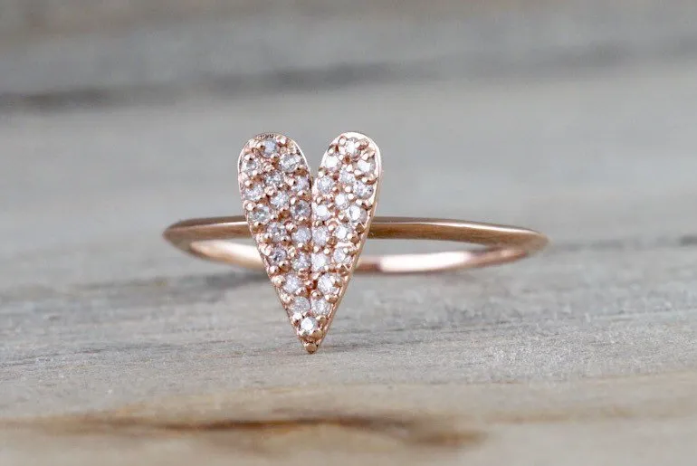 14k Rose Gold Diamond Micro Pave Heart Anniversary Promise Love Ring Band Fashion