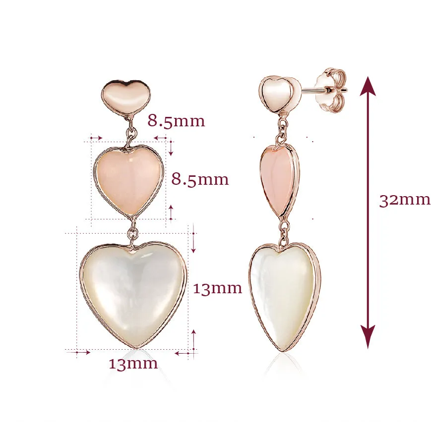 14K Rose Gold Earring Double Heart Drop Dangle Heart Shape Cabochon Pink Opal and Mother of Pearl Italy