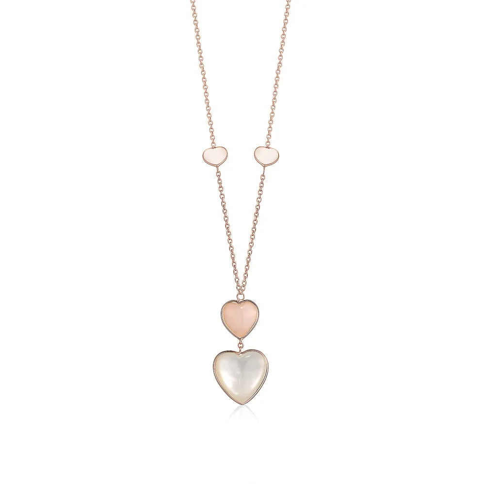 14K Rose Gold Pendant Necklace Double Heart Drop Heart Shape Cabochon Pink Opal and Mother of Pearl Italy 17