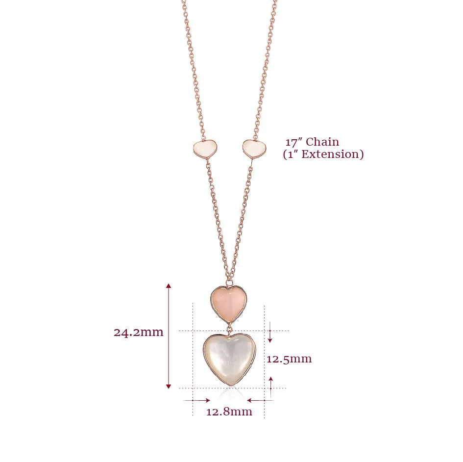 14K Rose Gold Pendant Necklace Double Heart Drop Heart Shape Cabochon Pink Opal and Mother of Pearl Italy 17