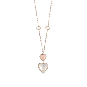 14K Rose Gold Pendant Necklace Double Heart Drop Heart Shape Cabochon Pink Opal and Mother of Pearl Italy 17