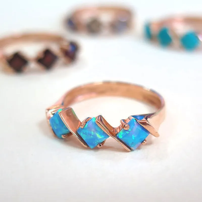 14K Rose Gold Square Blue Opal 4X4mm Ring