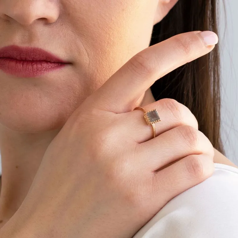 14K Rose Gold Square Gray Labradorite 6X6mm Ring