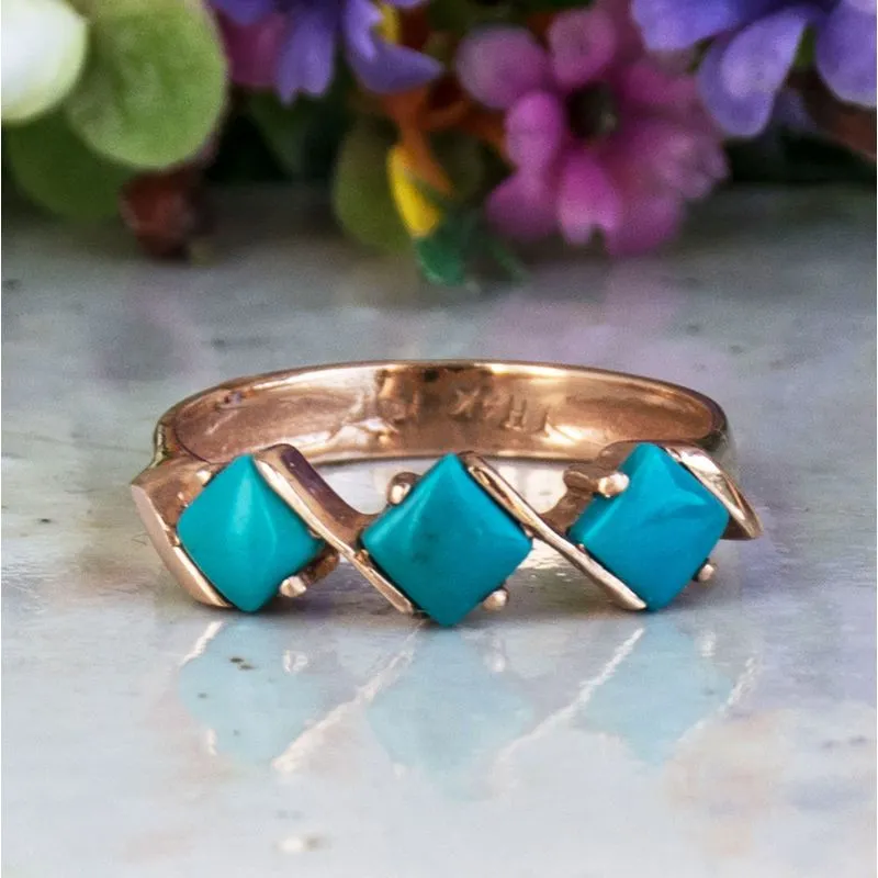 14K Rose Gold Square Turquoise 4X4mm Ring