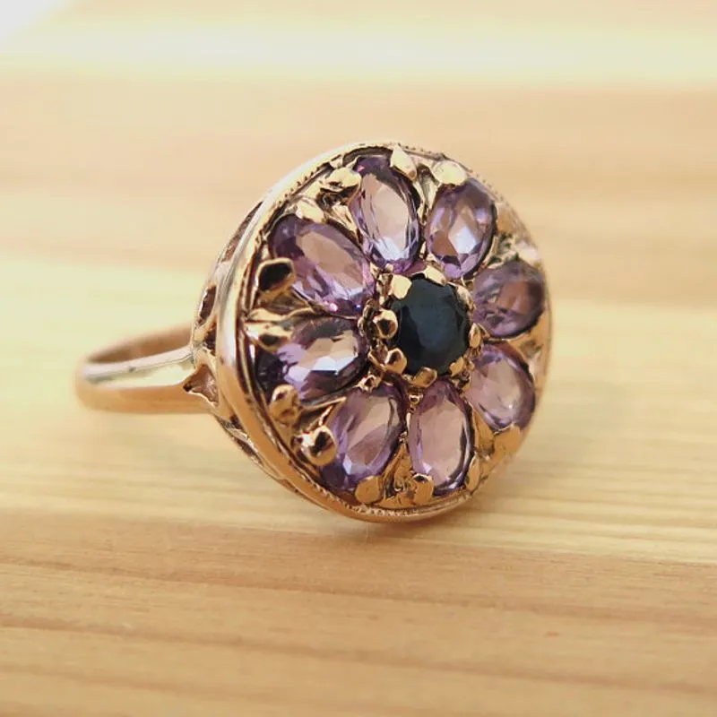 14K Rose Gold Vintage Ring: Amethyst, Sapphire, Flower Design