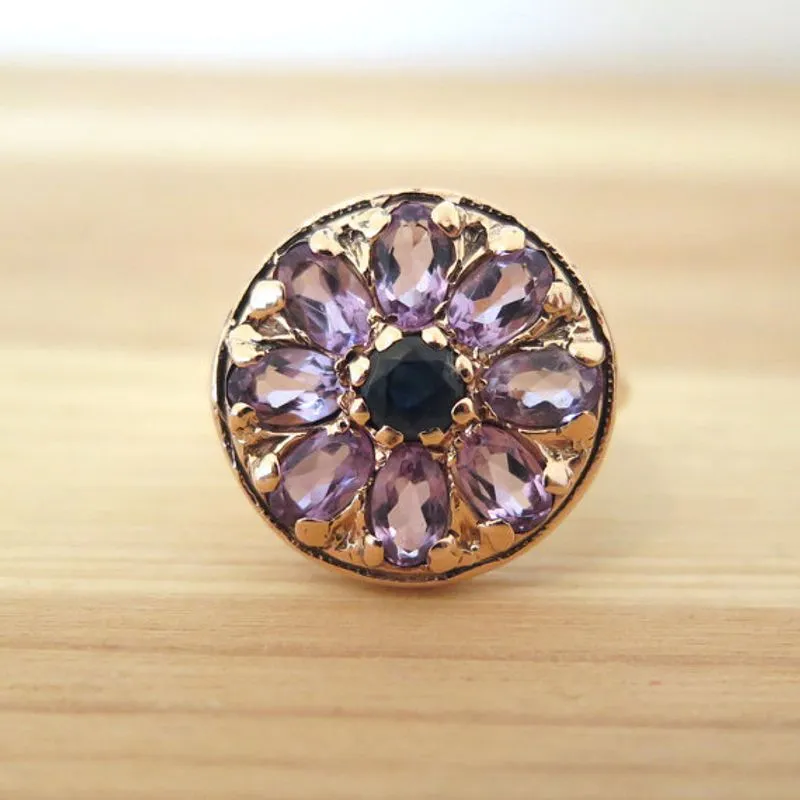 14K Rose Gold Vintage Ring: Amethyst, Sapphire, Flower Design