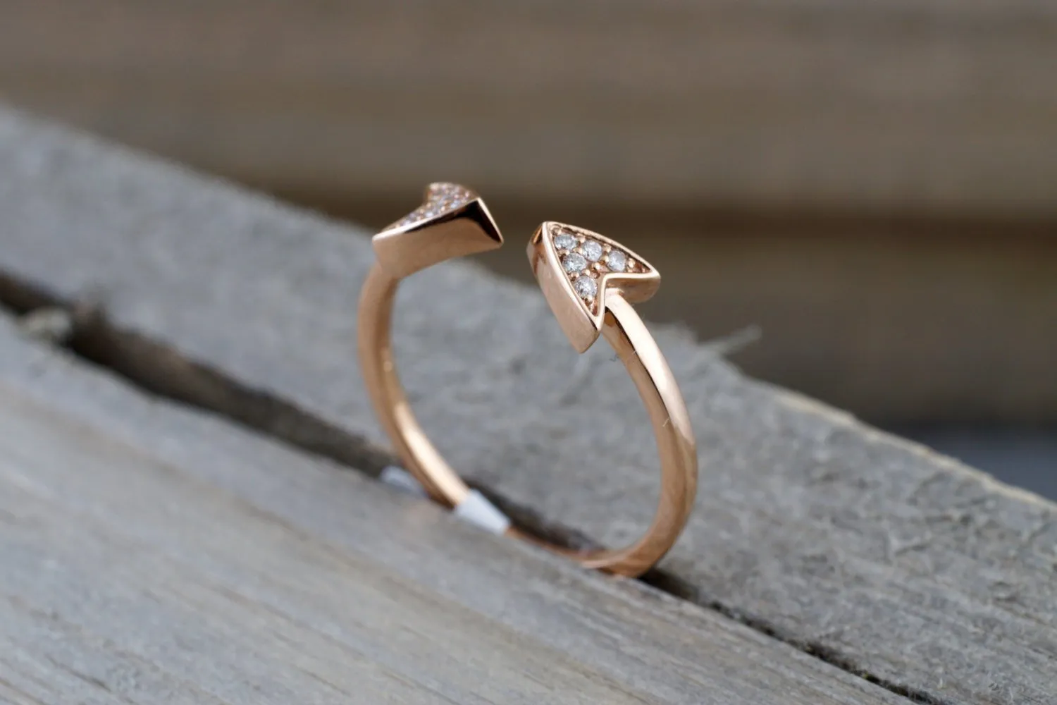 14k Solid Rose Gold Diamond Double Arrow Open Triangle Tri Pyramidmid Fashion Ring Band Love