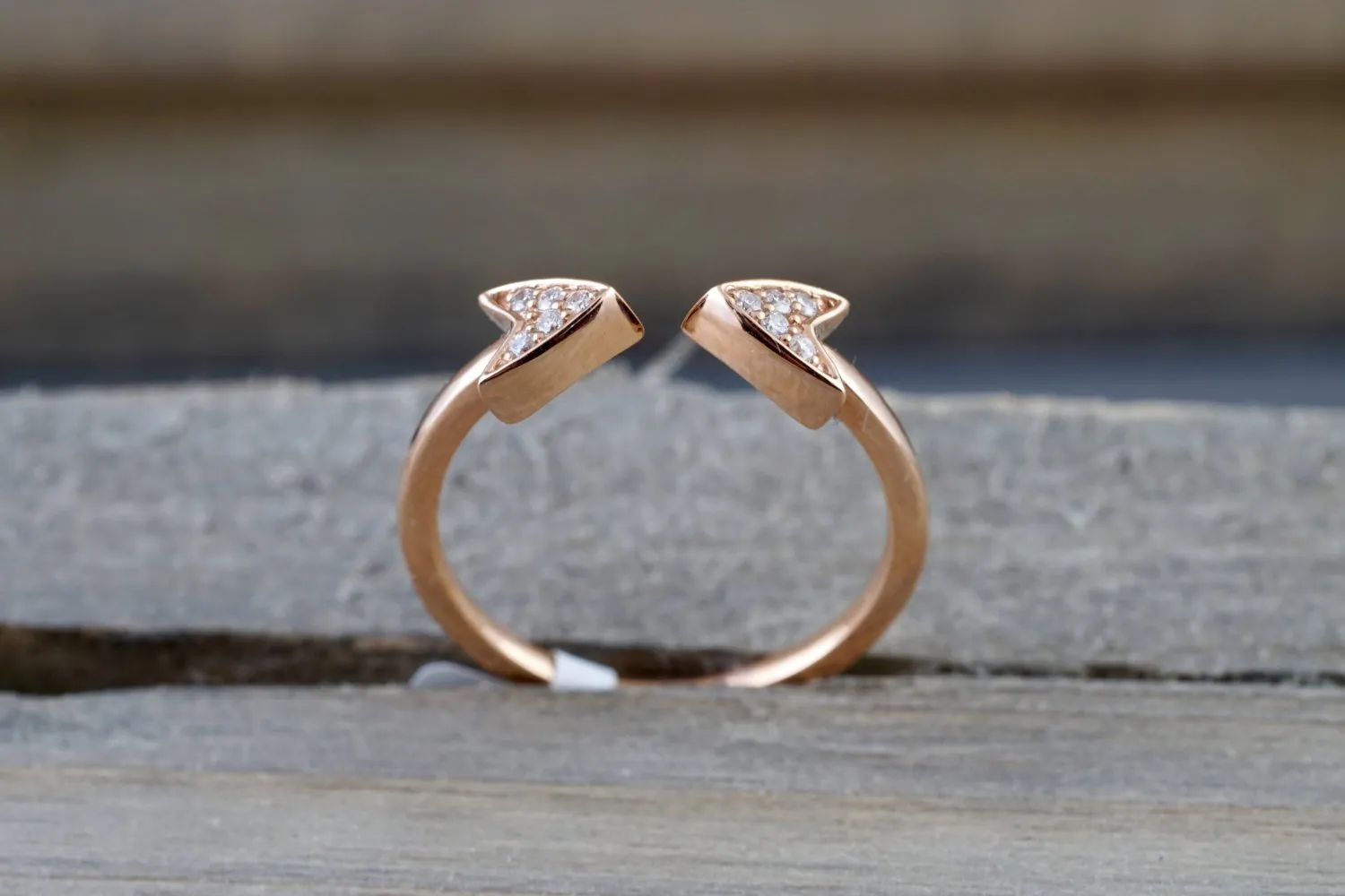 14k Solid Rose Gold Diamond Double Arrow Open Triangle Tri Pyramidmid Fashion Ring Band Love