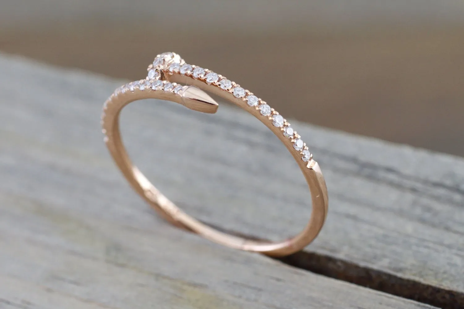 14k Solid Rose Gold Diamond Nail Fashion Ring Band Dainty Stackable Stacking