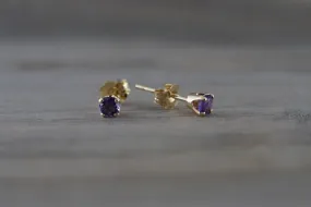 14k Solid Yellow Gold with Purple Amethyst Gemstone Earrings Studs February Birthstone