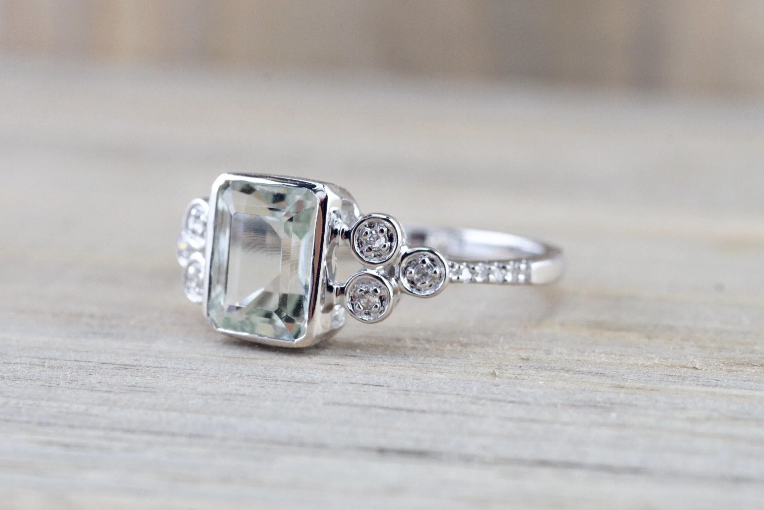 14k White Gold Bezel Emerald Cut Green Amethyst with Diamond Engagement Wedding Ring