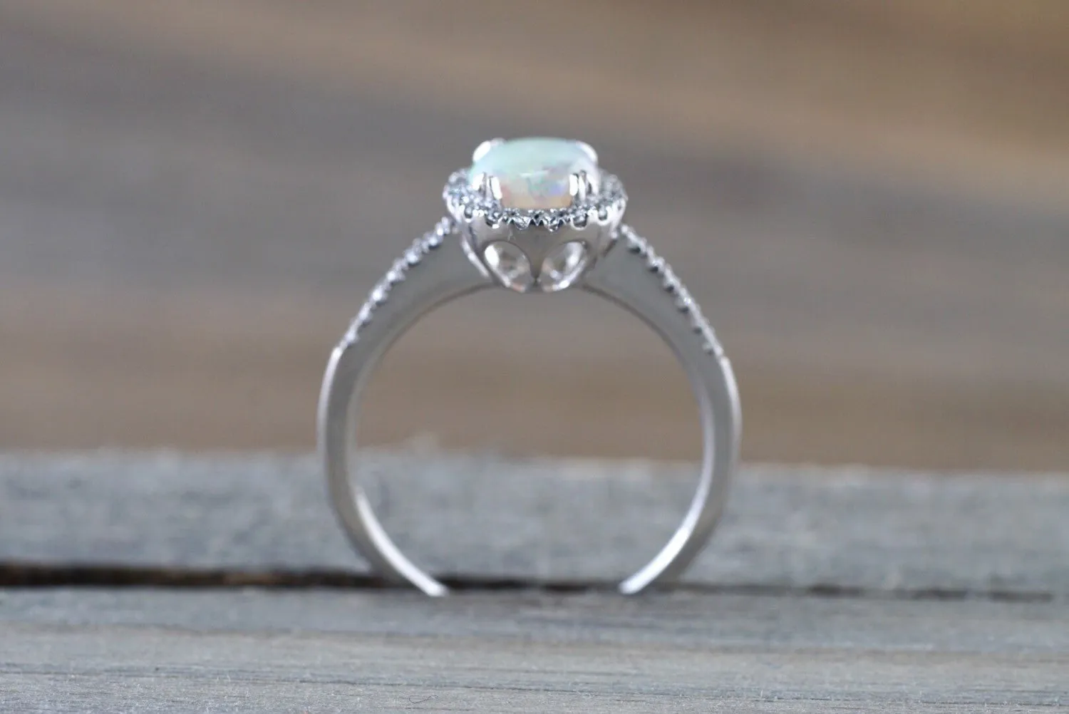 14k White Gold Round Fire Opal Diamond Halo Ring