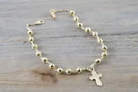 14k Yellow Gold Bead Ball Diamond Cut Charm Rosetta Cross Charm Bracelet Dainty Love Gift Fashion