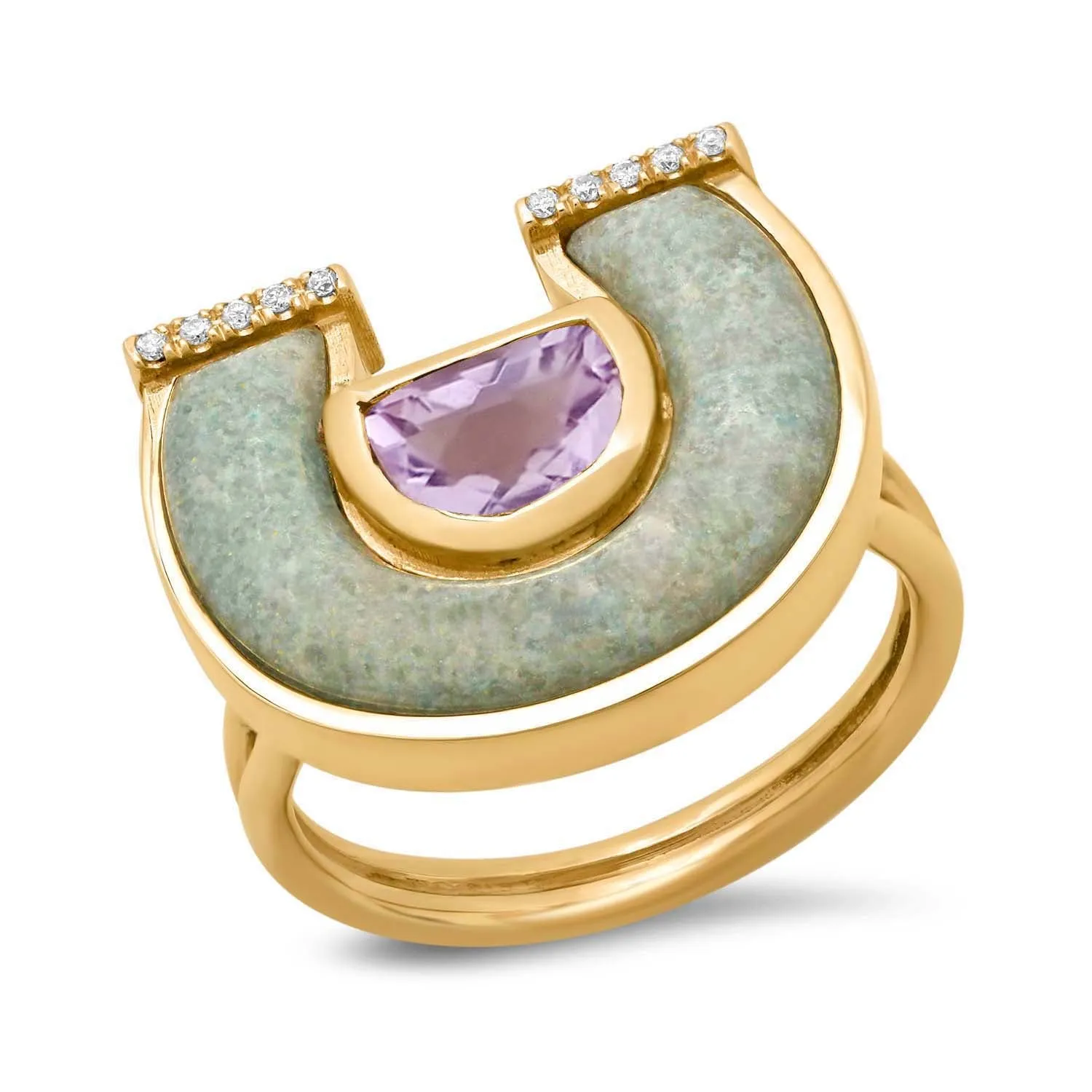 14K YG Amethyst, Trollite and Diamond Horseshoe Ring