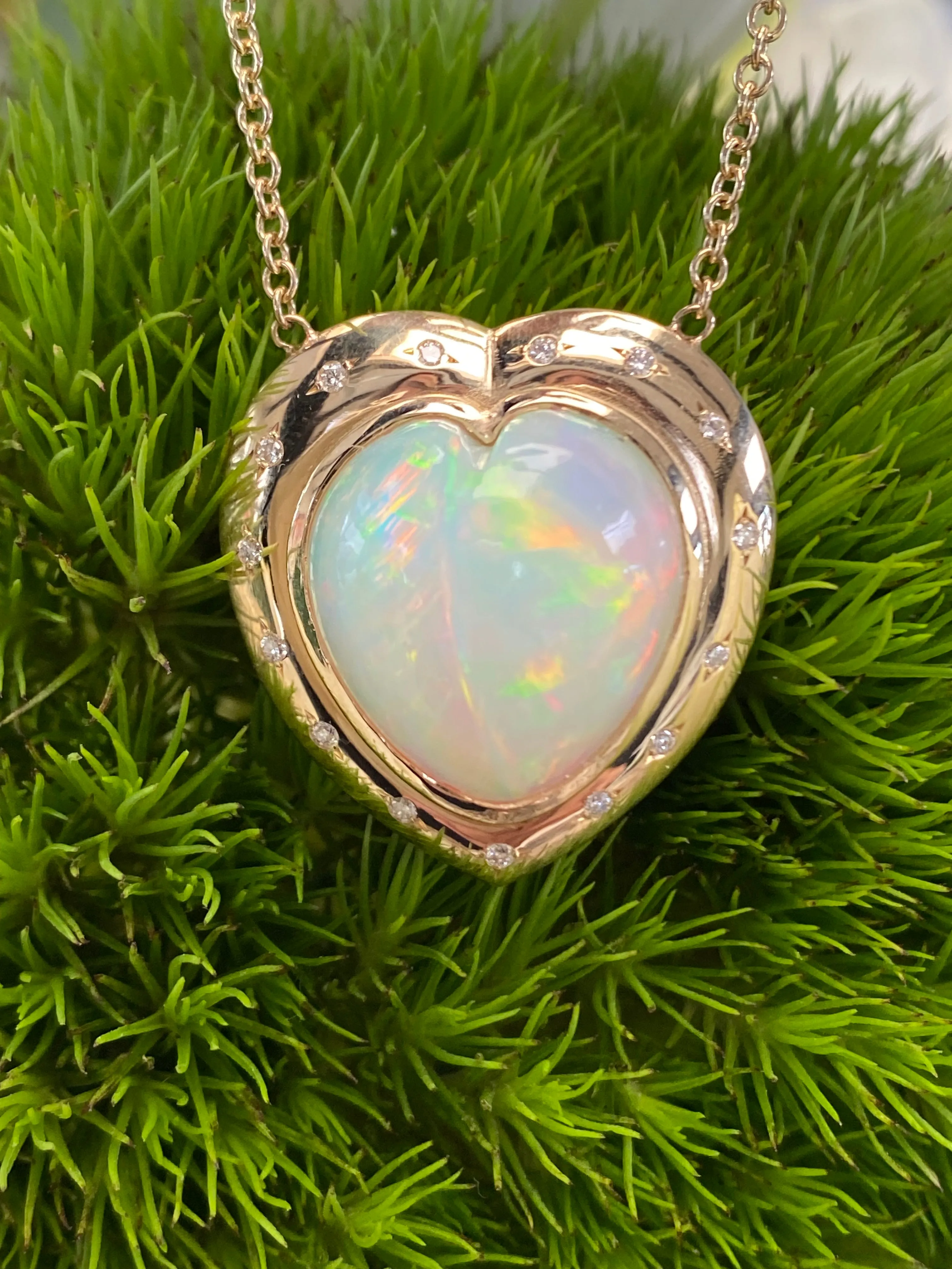 14K YG Heart Shaped Ethiopian Opal and Diamond Necklace