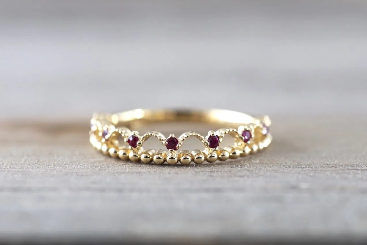 14kt Yellow Gold Red Ruby Ring Wide Vintage Antique Art Deco Crown Tiarra Crown Style Design