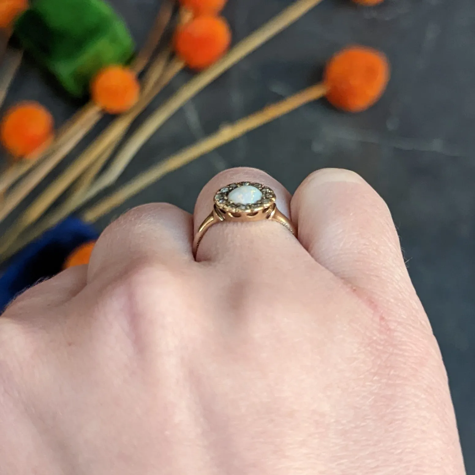 1880's Victorian Opal Diamond 14 Karat Rose Gold Cluster Ring