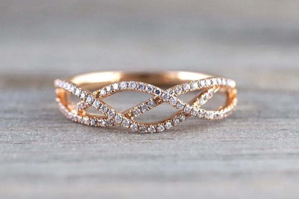 18k Rose Gold Diamond Infinity Intertwined Band Promise Ring Wedding Anniversary Stackable Fashion Eternal Love