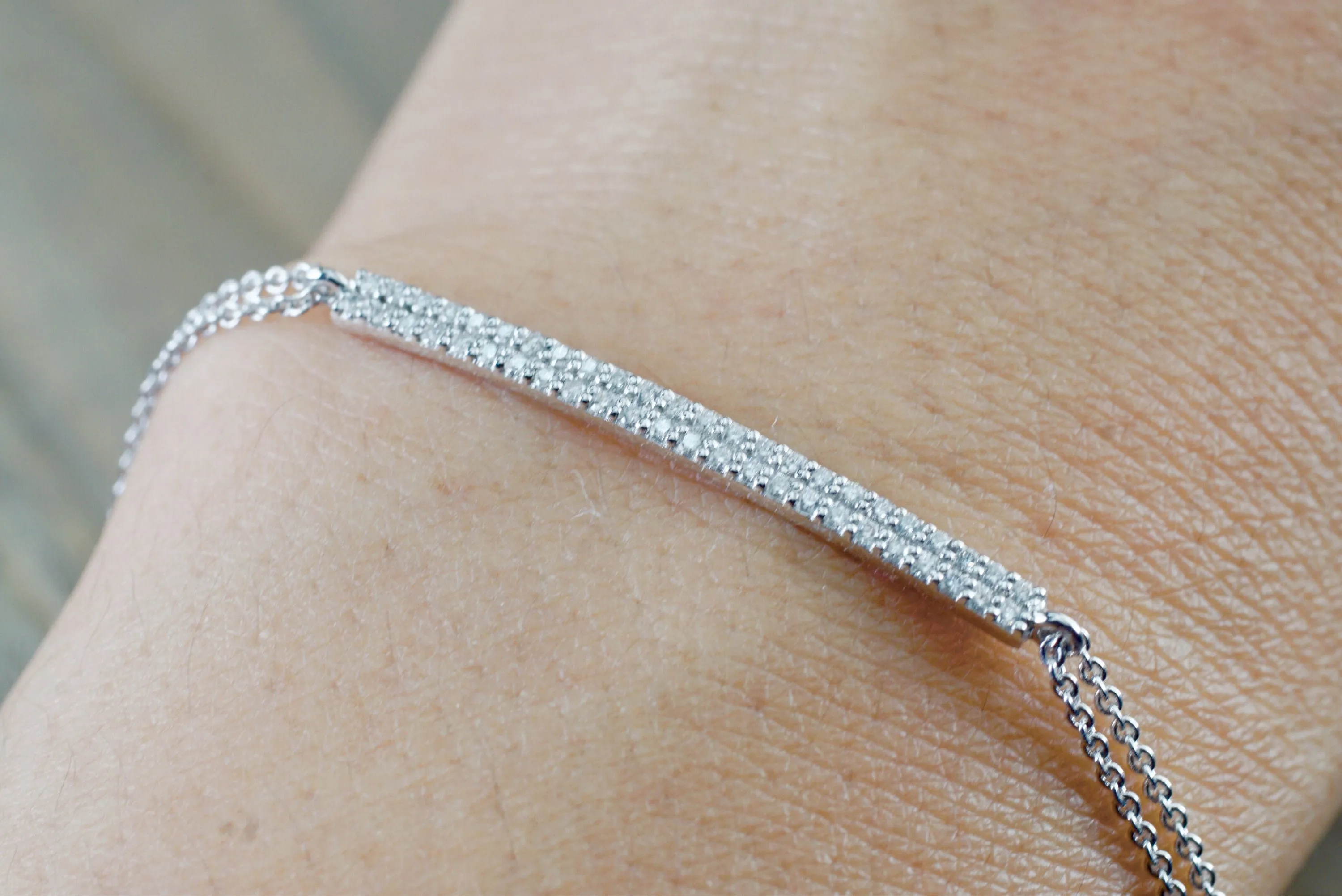 18k Solid White Double Row Diamond Bar Micro Pave Diamond Bracelet Dainty Love Gift Fashion