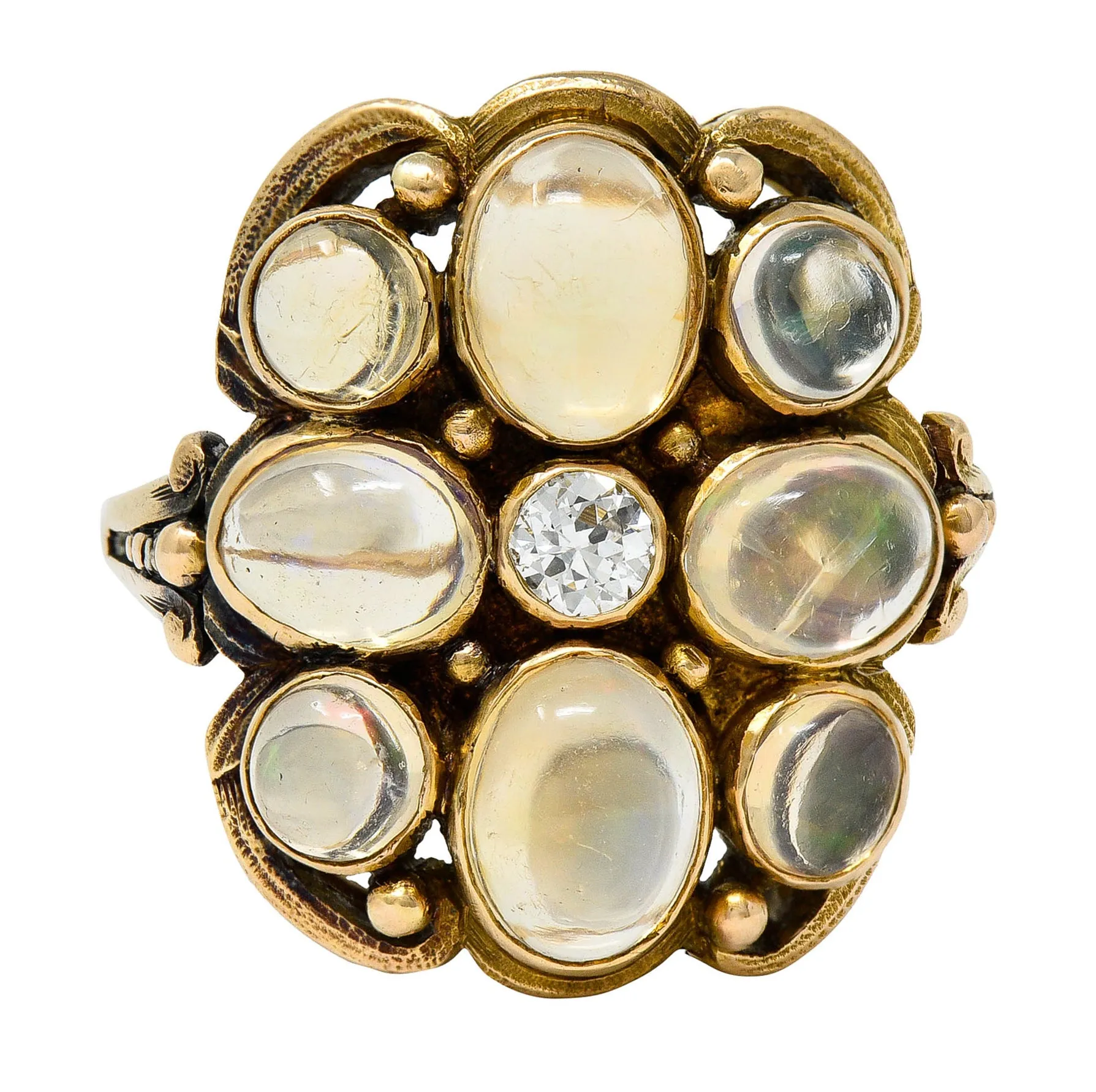 1900 Art Nouveau Diamond Jelly Opal 14 Karat Gold Cluster Ring