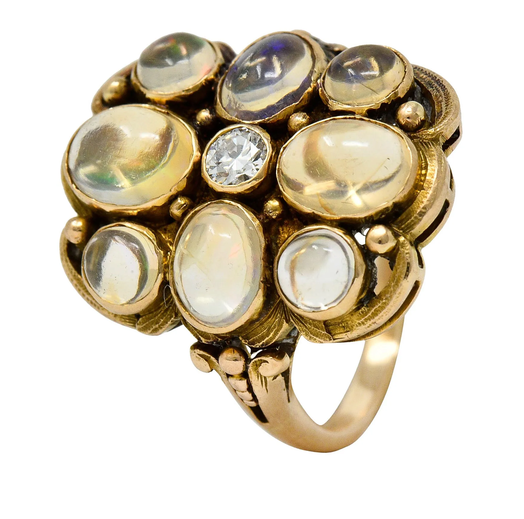 1900 Art Nouveau Diamond Jelly Opal 14 Karat Gold Cluster Ring