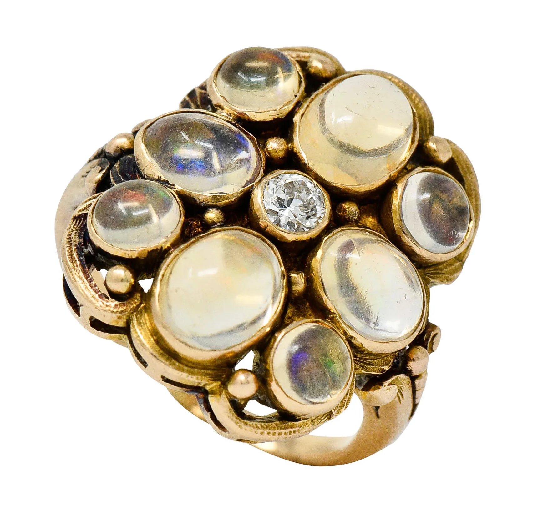 1900 Art Nouveau Diamond Jelly Opal 14 Karat Gold Cluster Ring