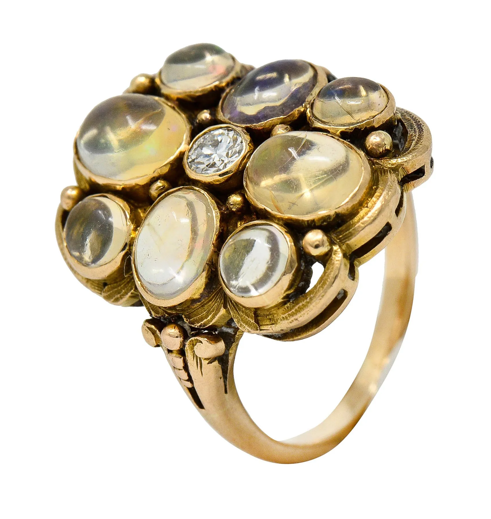 1900 Art Nouveau Diamond Jelly Opal 14 Karat Gold Cluster Ring