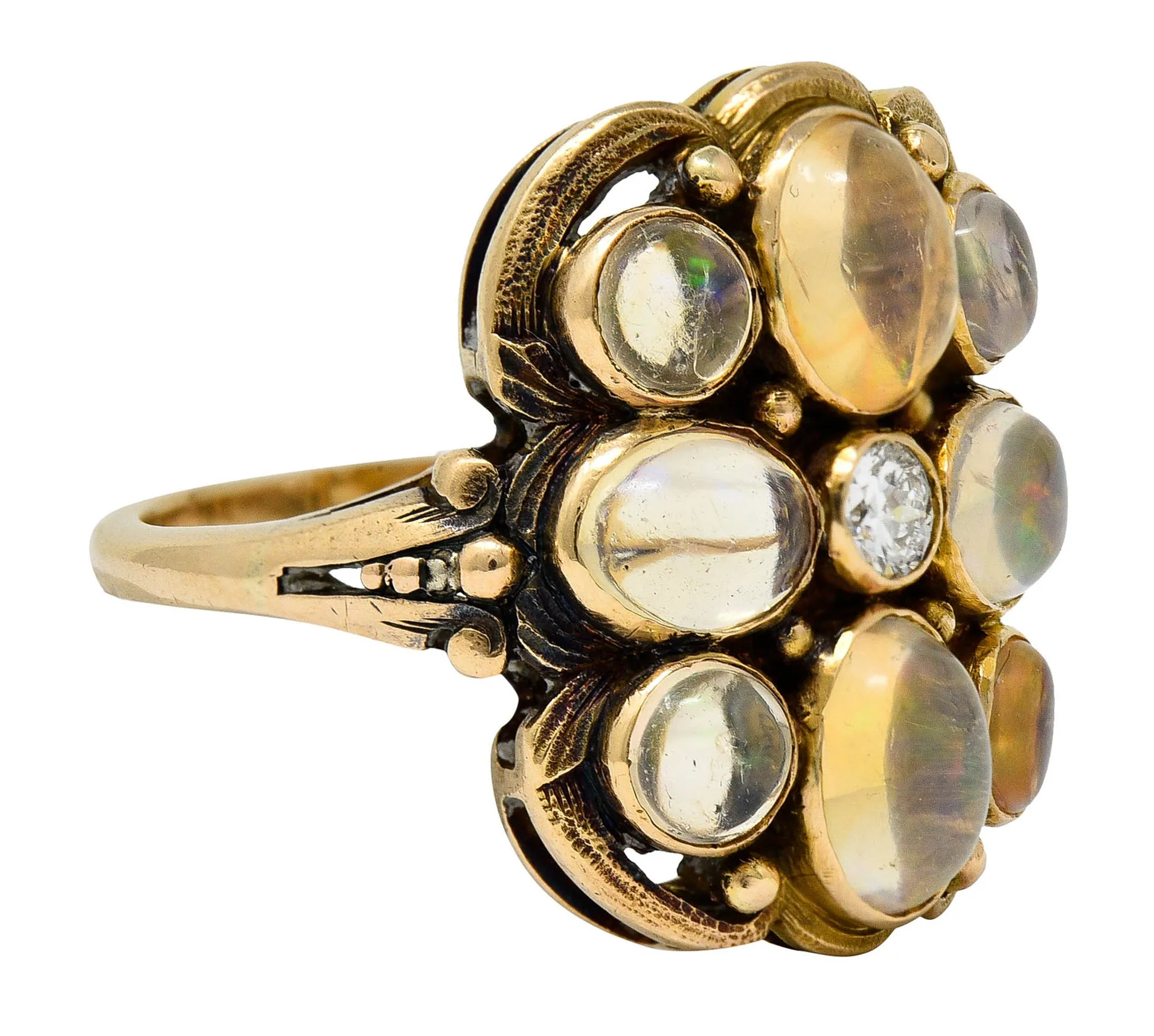 1900 Art Nouveau Diamond Jelly Opal 14 Karat Gold Cluster Ring