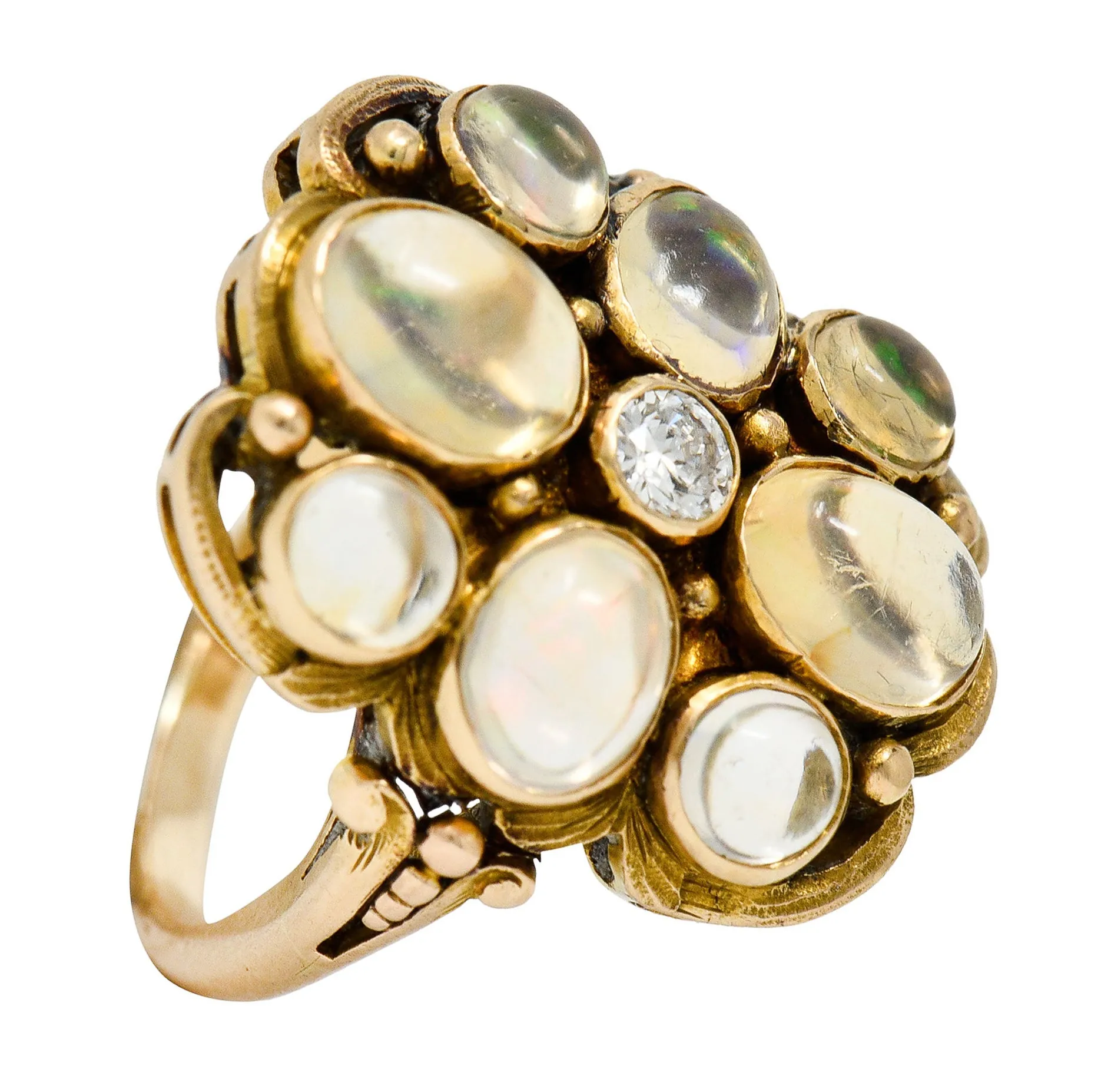 1900 Art Nouveau Diamond Jelly Opal 14 Karat Gold Cluster Ring