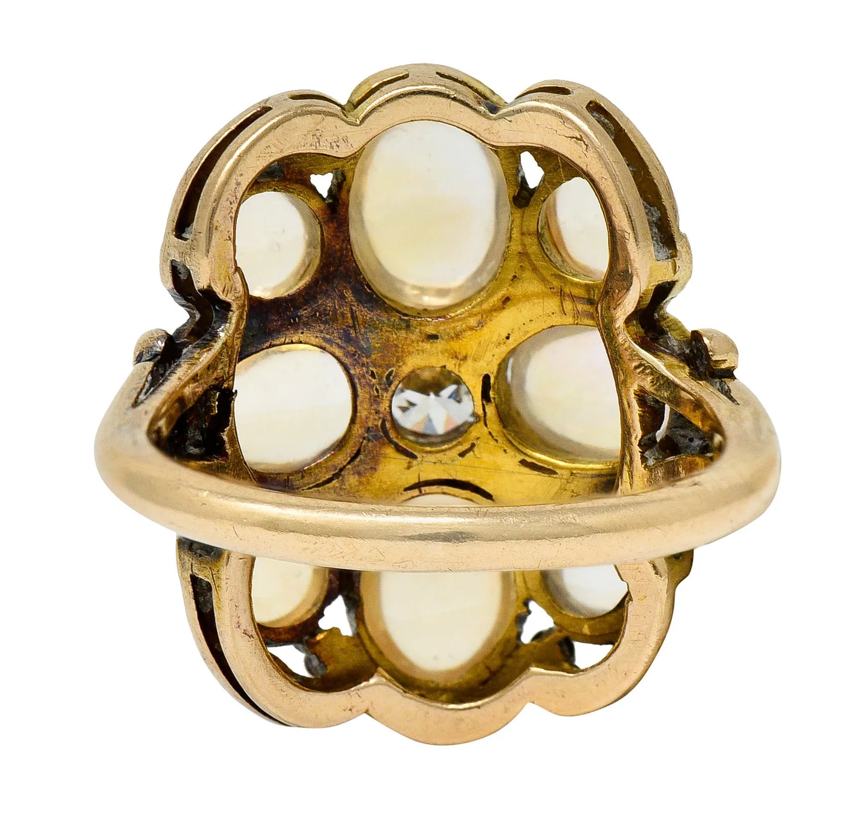 1900 Art Nouveau Diamond Jelly Opal 14 Karat Gold Cluster Ring