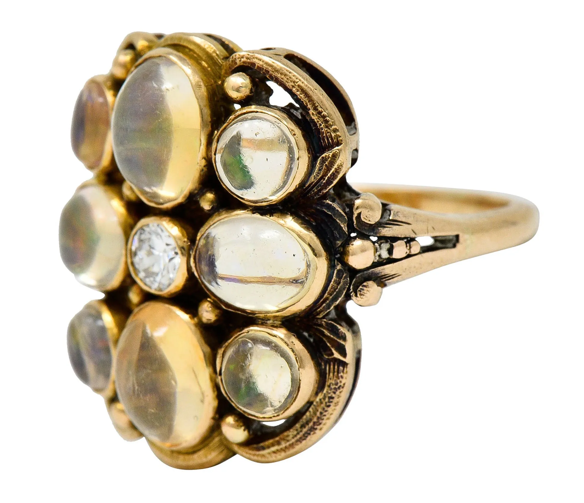 1900 Art Nouveau Diamond Jelly Opal 14 Karat Gold Cluster Ring