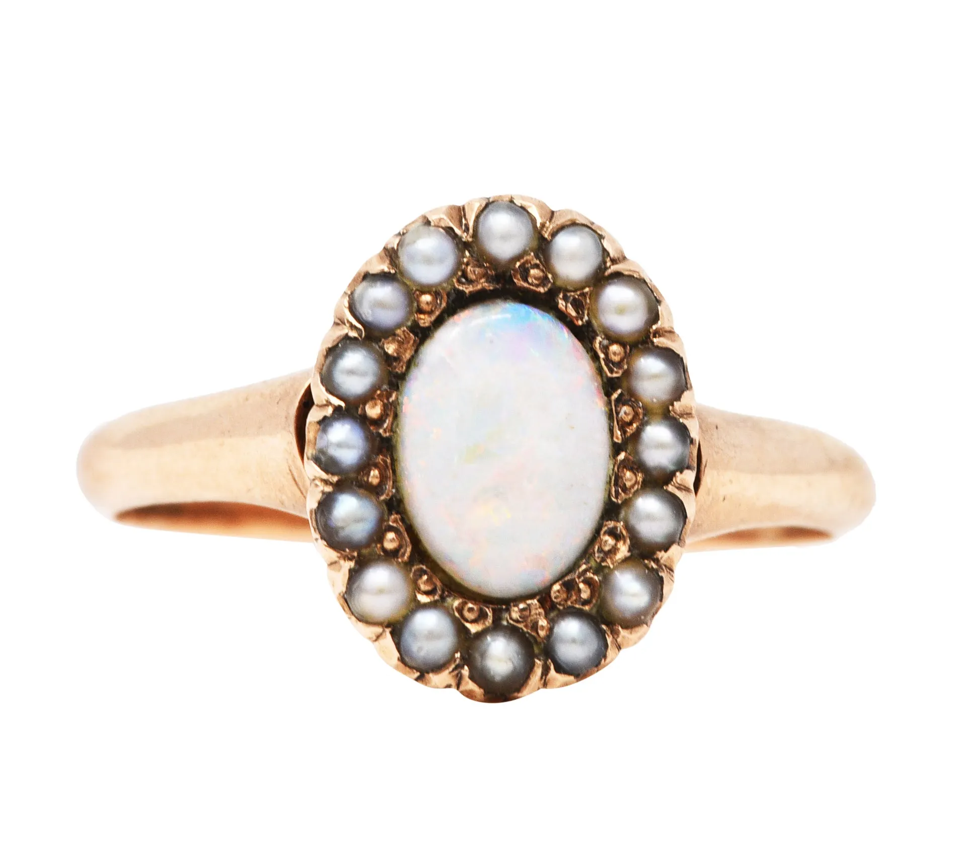 1900 Victorian Opal Seed Pearl 14 Karat Rose Gold Cluster Ring