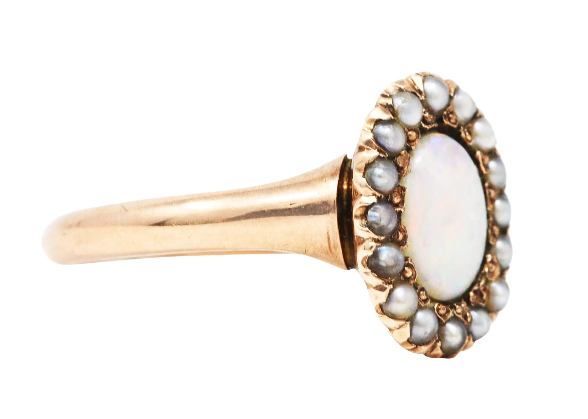 1900 Victorian Opal Seed Pearl 14 Karat Rose Gold Cluster Ring