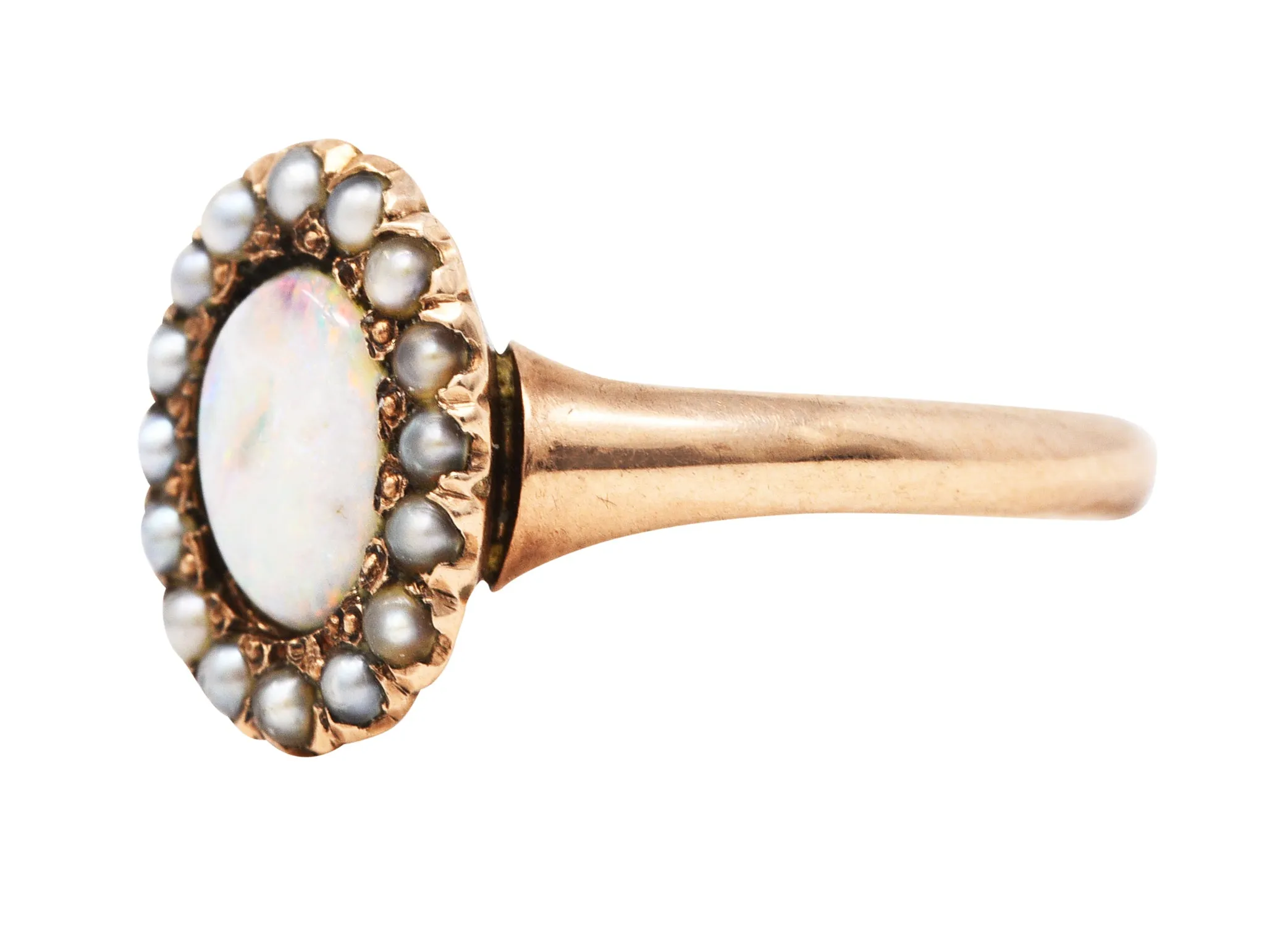 1900 Victorian Opal Seed Pearl 14 Karat Rose Gold Cluster Ring