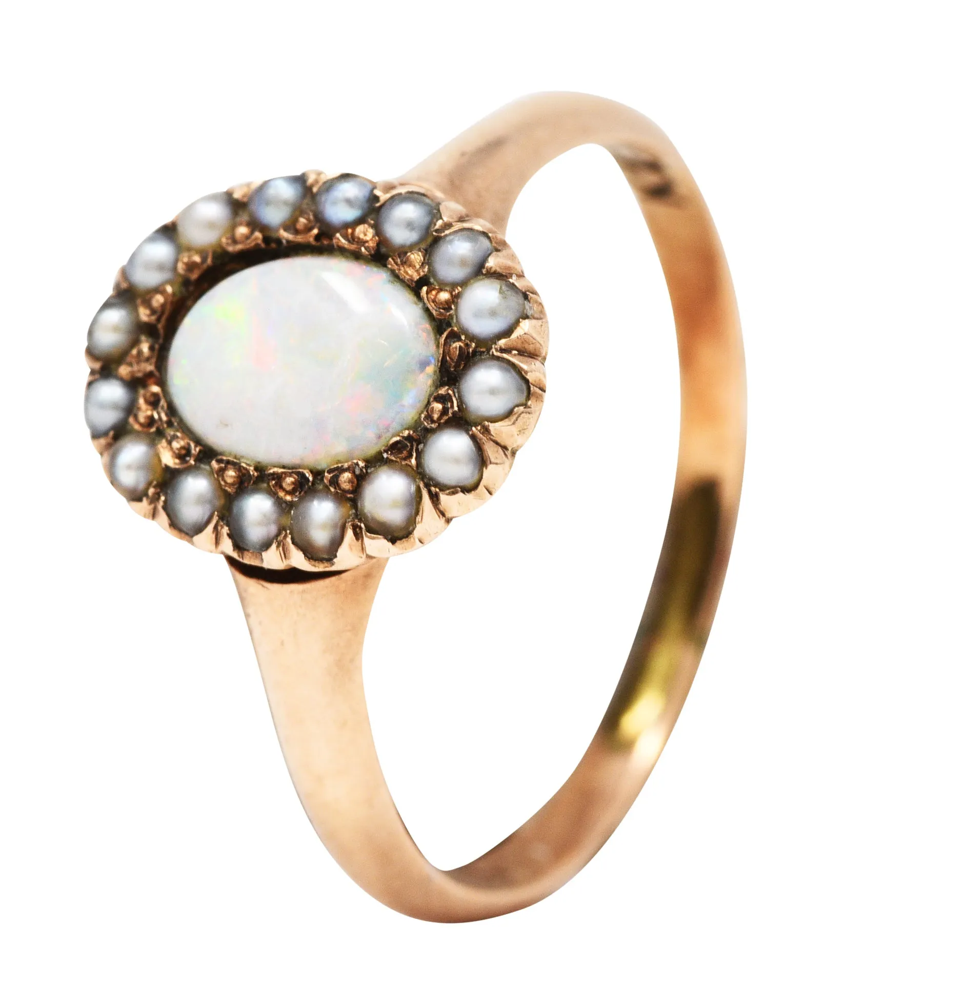 1900 Victorian Opal Seed Pearl 14 Karat Rose Gold Cluster Ring