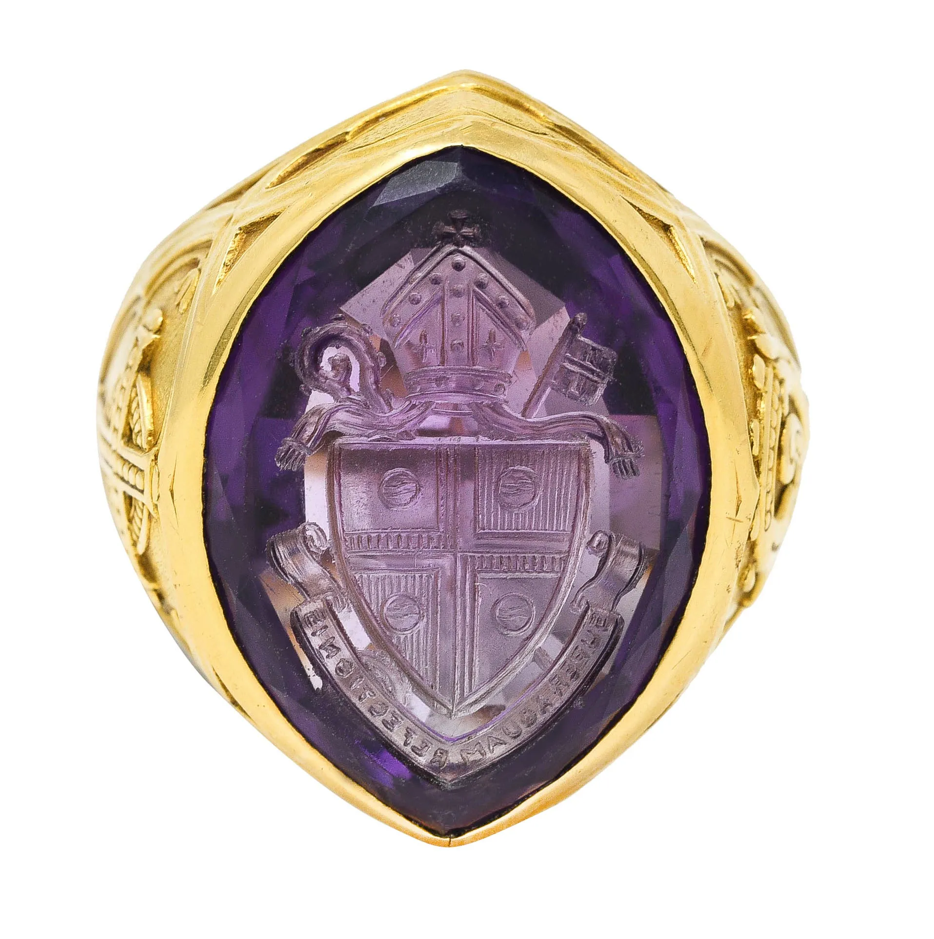 1915 Amethyst 18 Karat Yellow Gold Intaglio Ecclesiastical Bishop's Antique Navette Unisex Ring