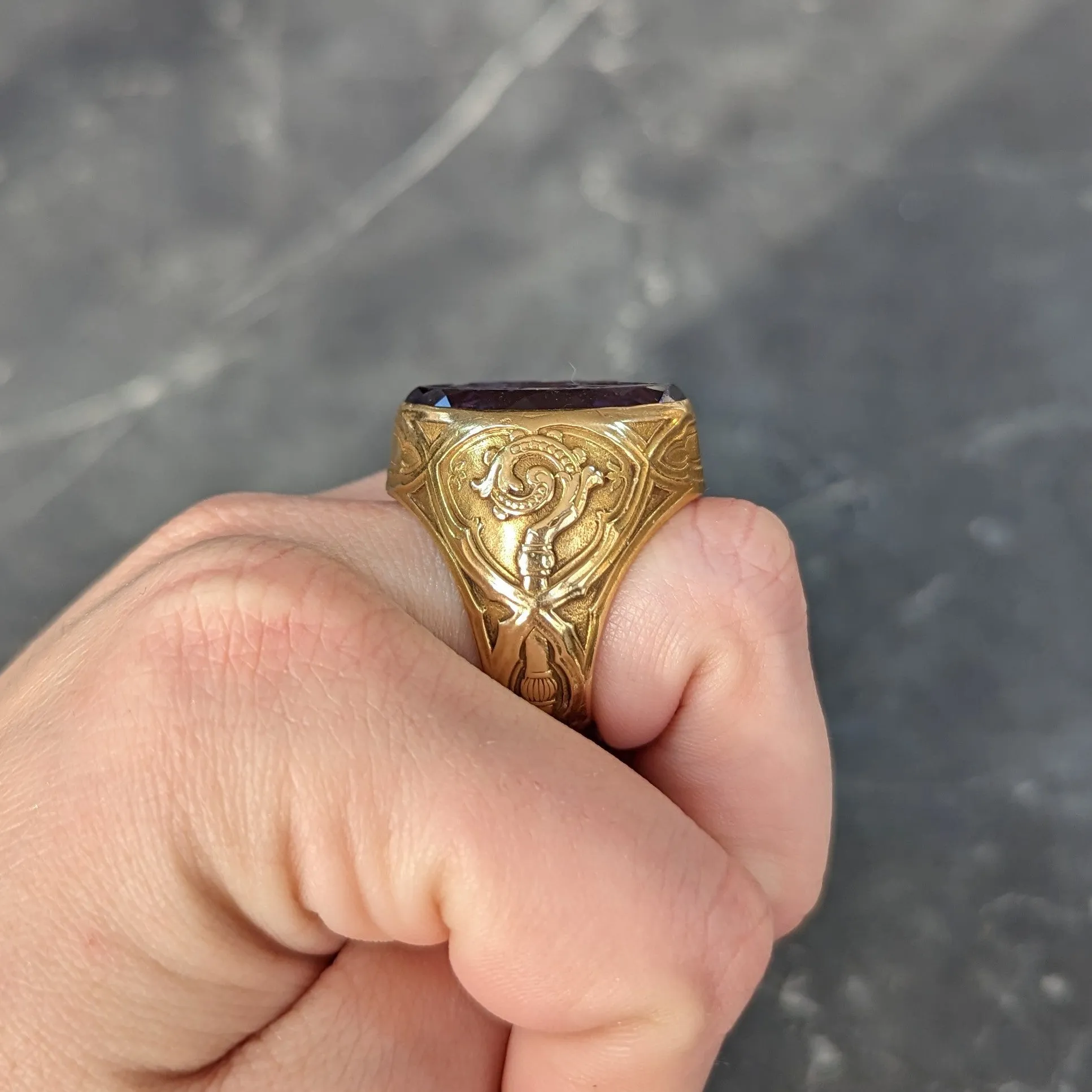 1915 Amethyst 18 Karat Yellow Gold Intaglio Ecclesiastical Bishop's Antique Navette Unisex Ring