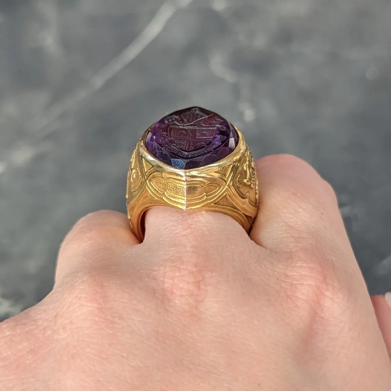 1915 Amethyst 18 Karat Yellow Gold Intaglio Ecclesiastical Bishop's Antique Navette Unisex Ring