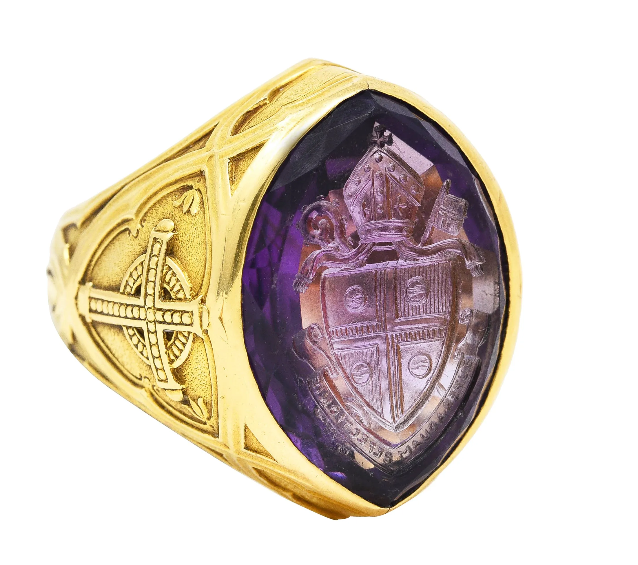 1915 Amethyst 18 Karat Yellow Gold Intaglio Ecclesiastical Bishop's Antique Navette Unisex Ring