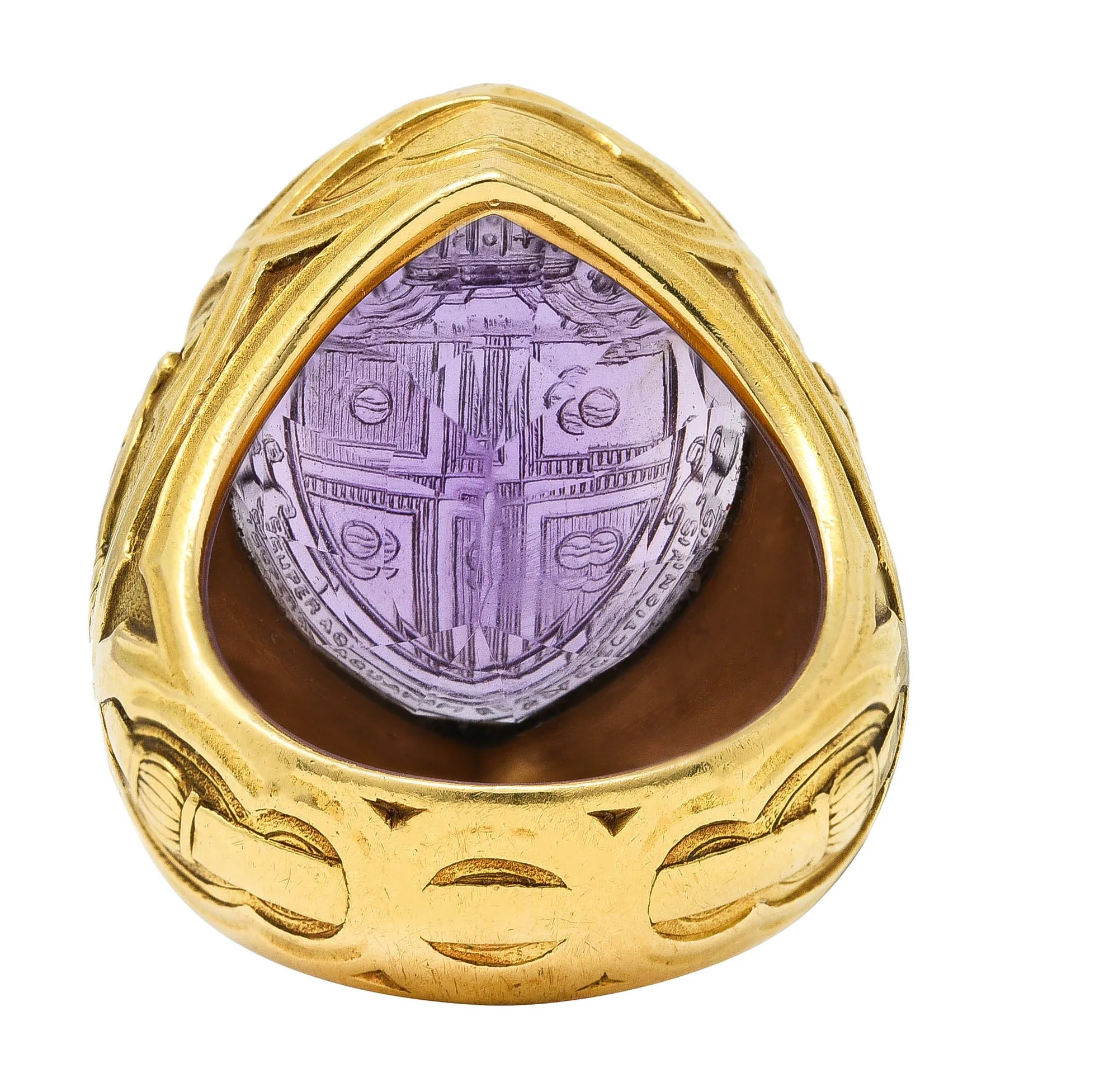 1915 Amethyst 18 Karat Yellow Gold Intaglio Ecclesiastical Bishop's Antique Navette Unisex Ring