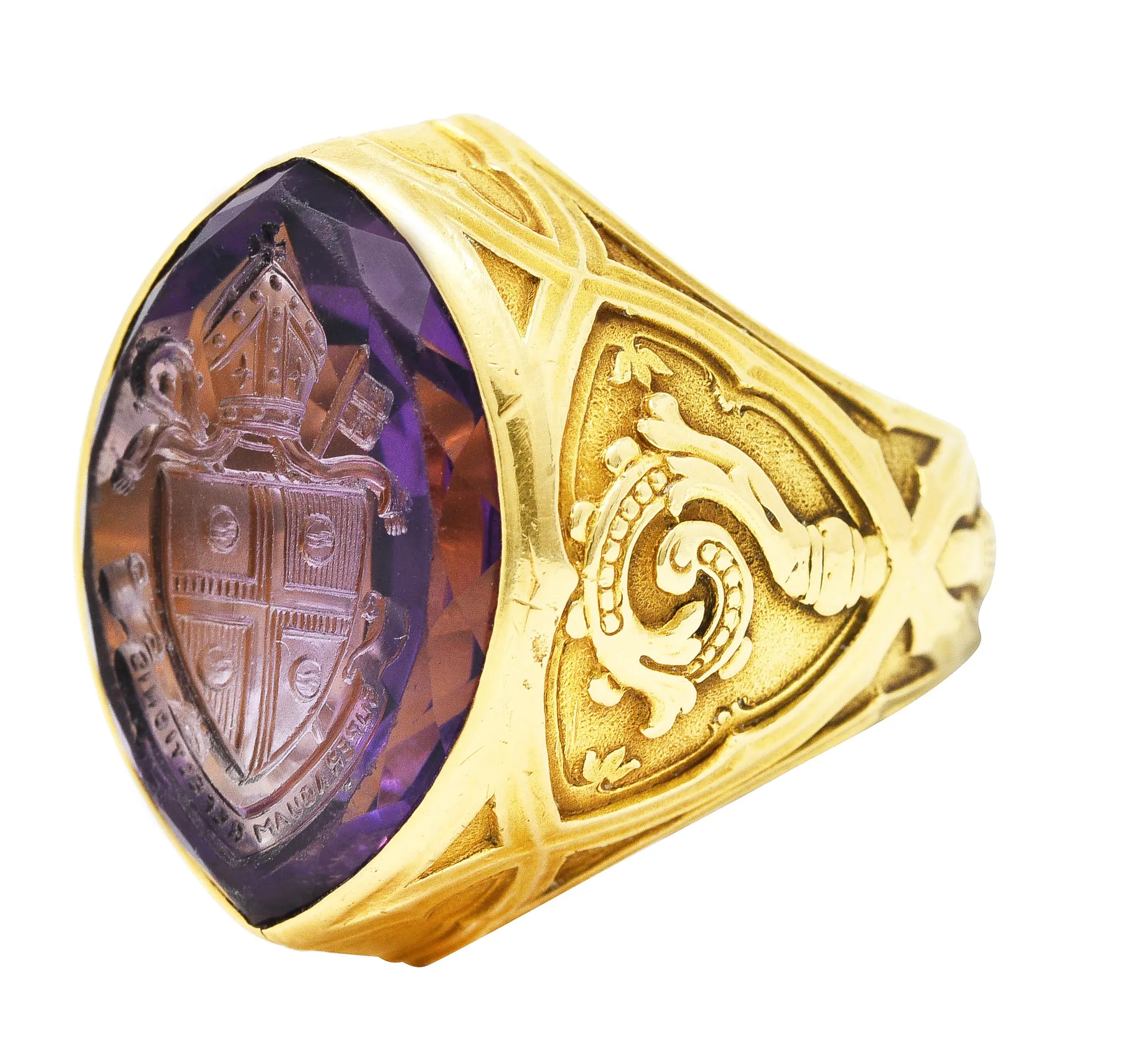 1915 Amethyst 18 Karat Yellow Gold Intaglio Ecclesiastical Bishop's Antique Navette Unisex Ring